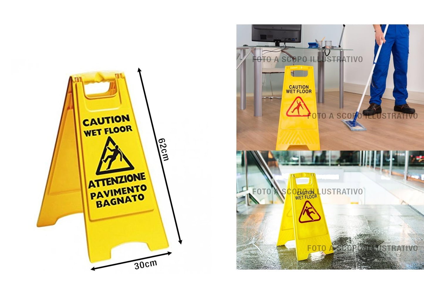 Cartello Segnaletico Pavimento Bagnato Pieghevole - Wet Floor Salvaspazio per Uffici e Negozi