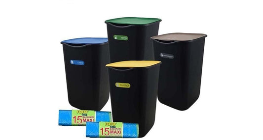 FERCASASHOP® | Set of 3 Closed Waste Bins for Separate Waste Collection, 50 Lt Plus Free 50 Lt Bin for Unsorted Waste with 30 Bags with Handles, Maxi Size 70x75 cm