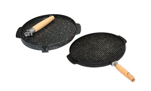 Poêle à griller avec revêtement en pierre de lave, double plaque lisse et striée, 28 cm, cuisson antiadhésive sans huile