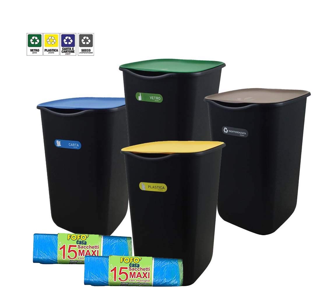 Set of 3 Closed Waste Bins for Separate Waste Collection, 50 Lt plus Free 50 Lt Bin for Unsorted Waste with 30 Bags with Handles, Maxi Size 70x75 cm