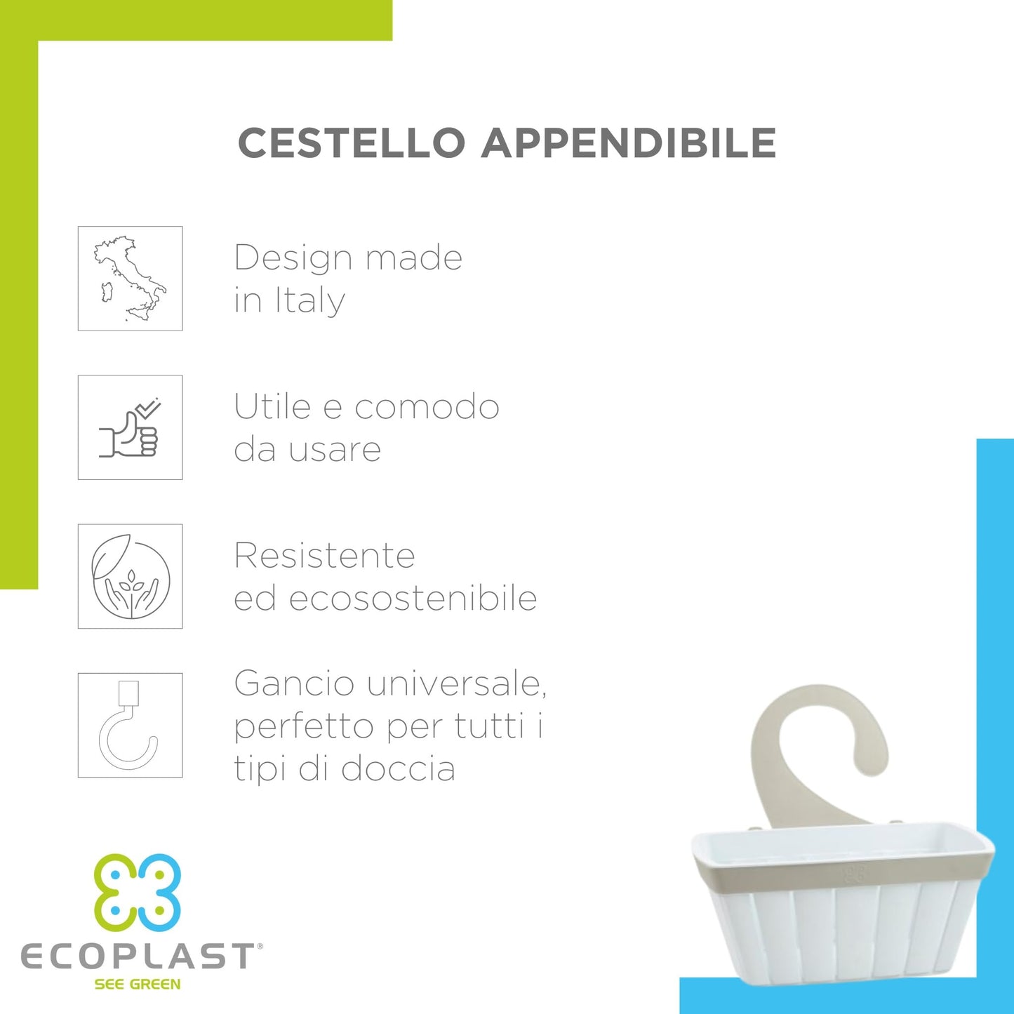 Ecoplast, Basket with Universal and Removable Hook, Can be Hung in Any Bathroom as a Shower Caddy, Made of Recycled Plastic, Eco-sustainable Item, Anthracite Color