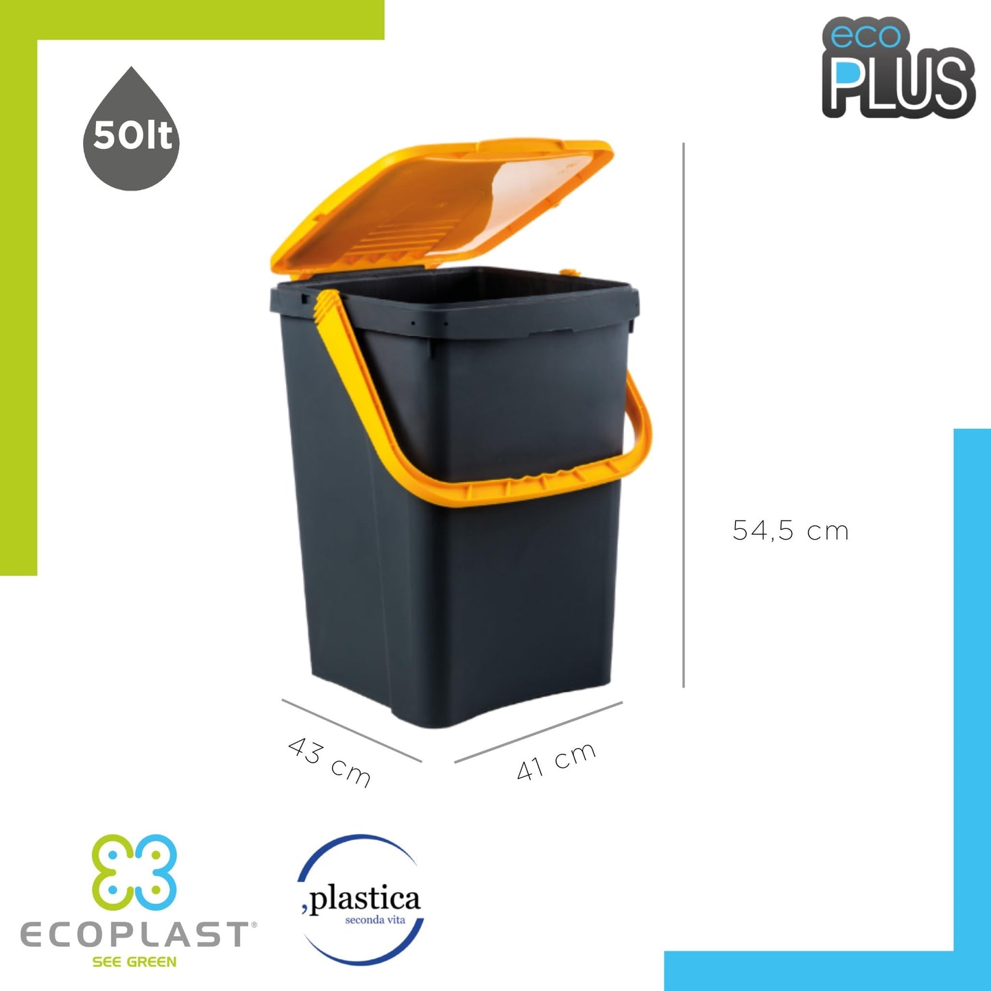 Ecoplast, Waste Separation Bin, Book-Type Opening, Flexible and Non-Deformable, Resistant to All Temperatures, Ideal for Indoor and Outdoor Use, 50 L Capacity, Made in Italy