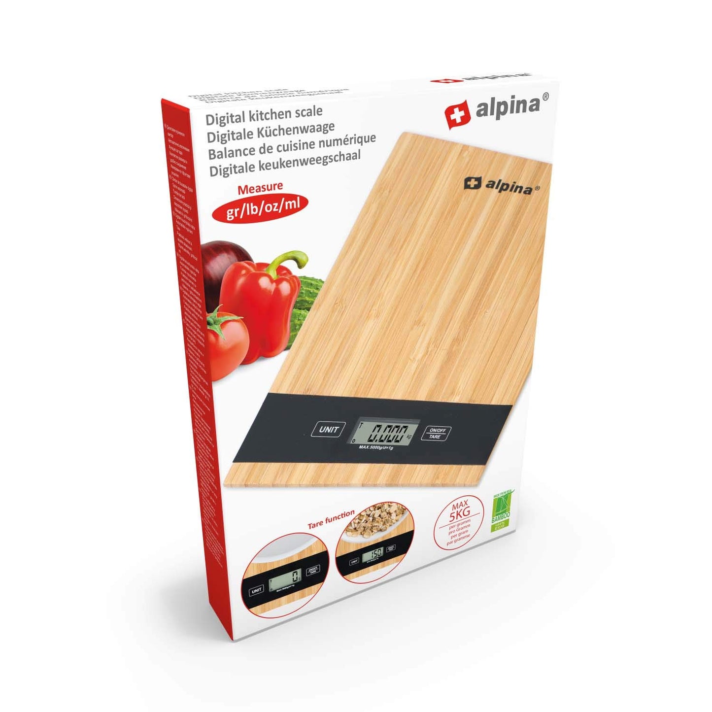 Digital Kitchen Scale - Auto Power Off - Tare Function - Up to 5 Kilos - Bamboo