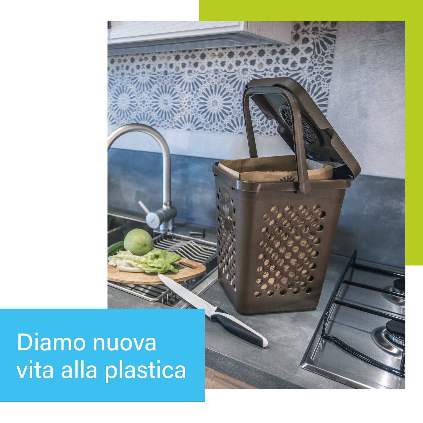 Ecoplast, Perforated Waste Bin for Separate Waste Collection, Book-Style Opening, Flexible and Non-Deformable, Resistant to All Temperatures, Indoor and Outdoor, Over 80% Recycled Plastic, Brown