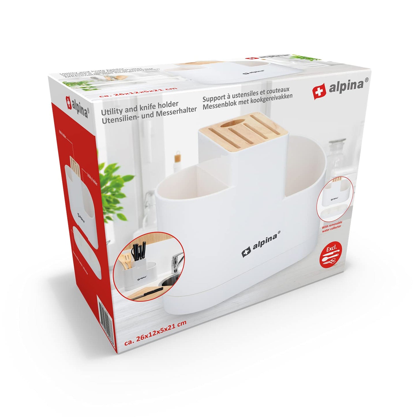 Organisateur de cuisine Alpina : bloc à couteaux et porte-ustensiles – Plastique/Bambou – Blanc