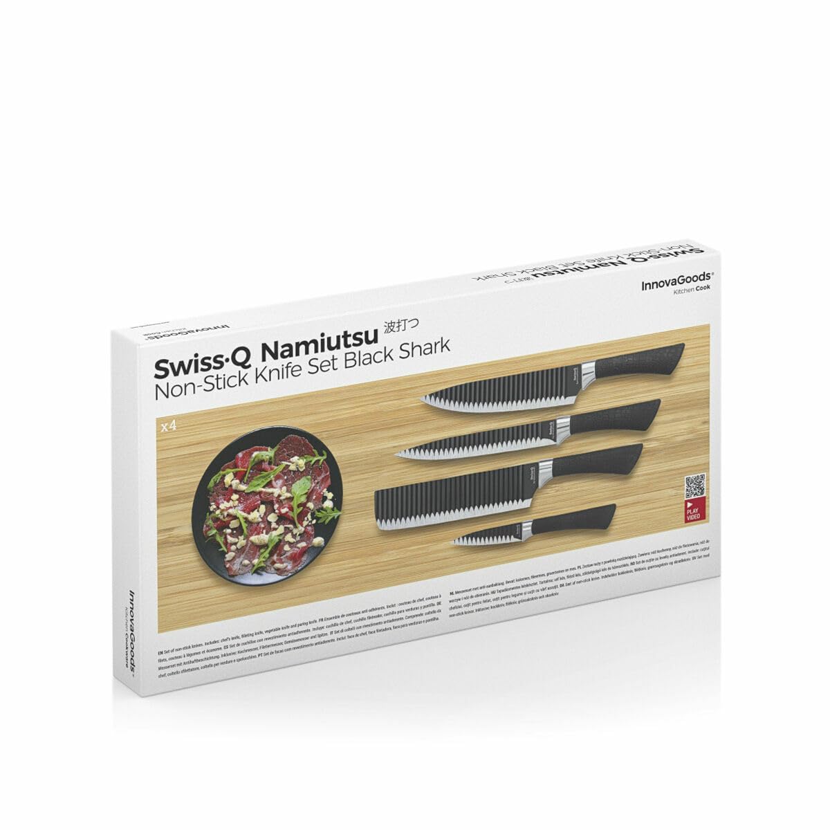 InnovaGoods - Black Shark Swiss Q Namiutsu 4-Piece Knife Set, Stainless Steel Blades, Non-Stick Ceramic Coating, Ergonomic Handles, Black, Plastic