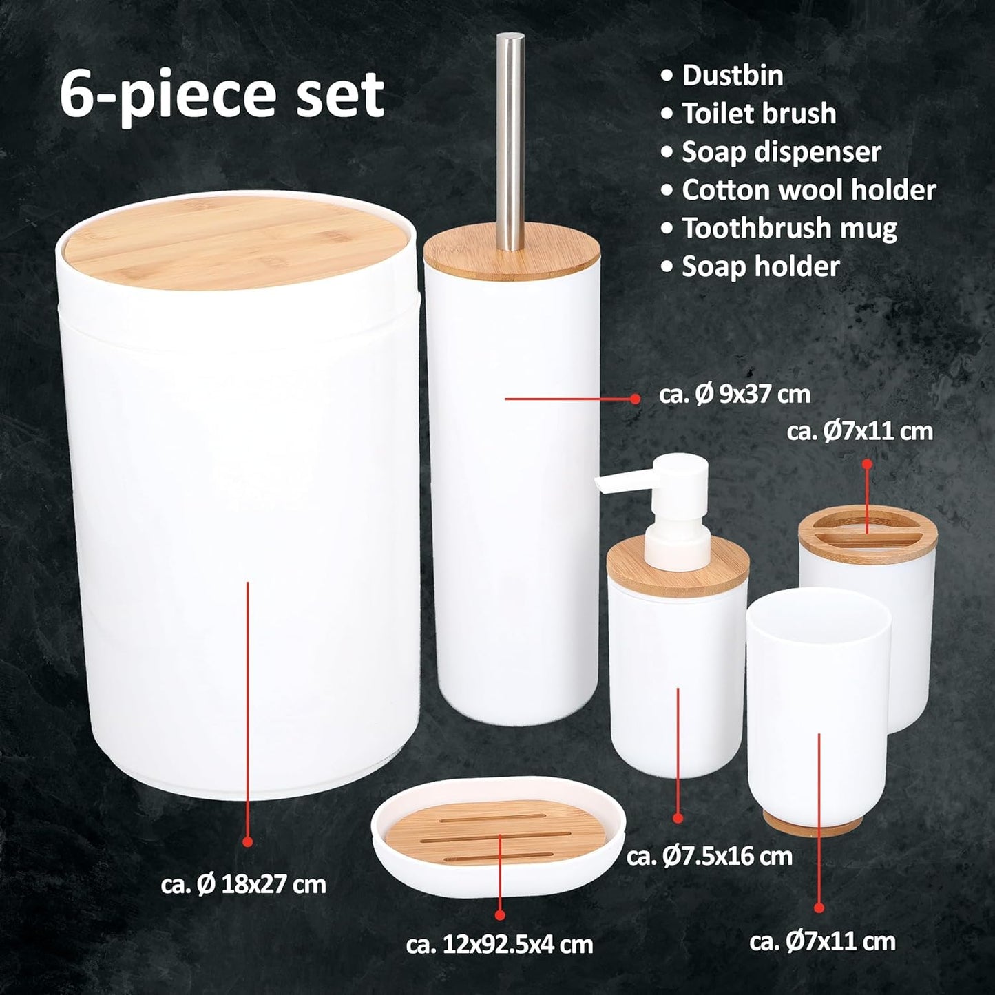 FERCASASHOP 6-Piece Bathroom Accessory Set, White and Natural Bamboo, with Soap Dish, Toothbrush Holder, and Trash Can