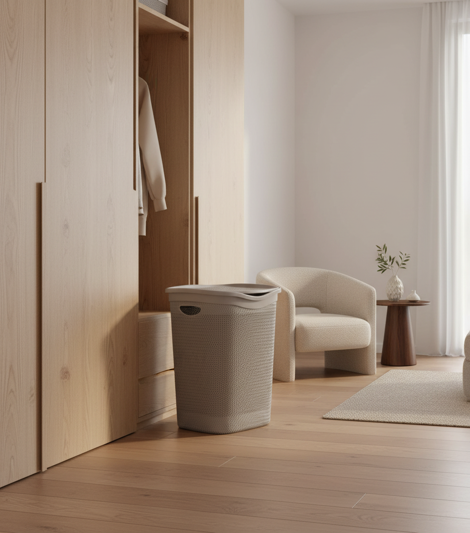 Camera da letto con cesto biancheria