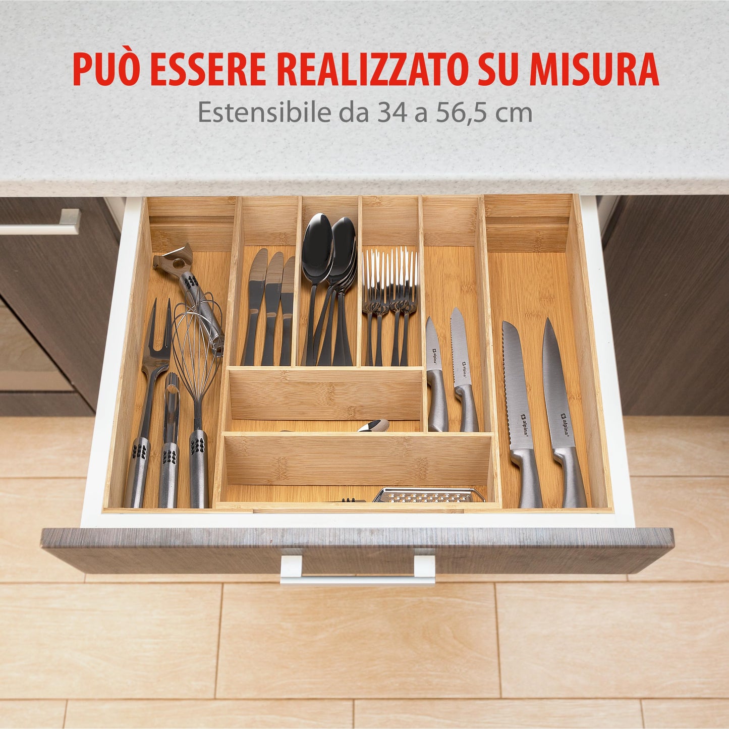 alpina Drawer Cutlery Tray - Expandable Kitchen Drawer Organizer 46 x 34-56.5 x 6 cm - Drawer Organizer with 6 to 8 Compartments - For Kitchen Utensils, Sunglasses and More - Bamboo