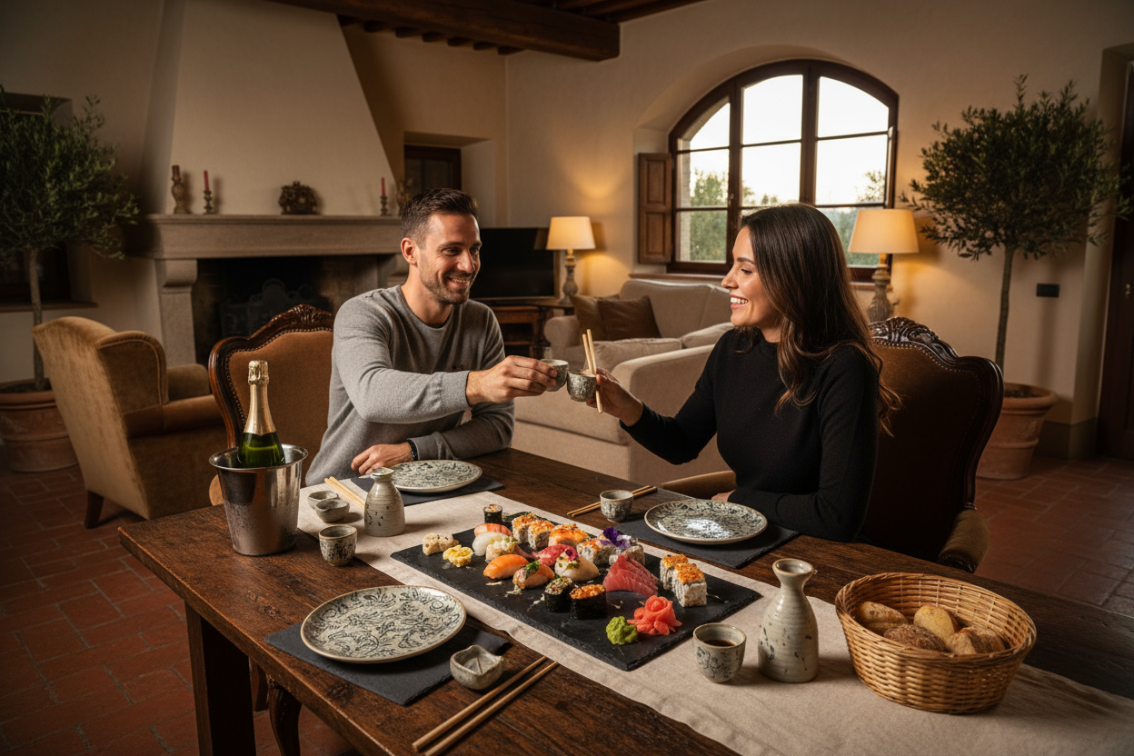 Coppia che cena con set sushi