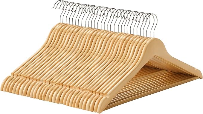 FERCASASHOP Wooden Hangers, Set of 15, 42 cm, with Grooves, 360° Swivel Hook and Non-Slip Trouser Bar