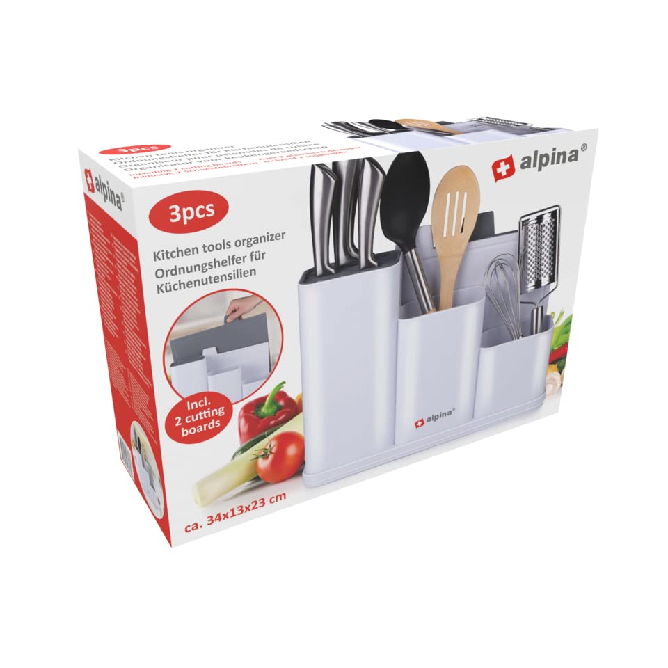 Alpina Kitchen Organizer with Cutting Boards, 34 x 13 x 23 cm, Dishwasher Safe, White