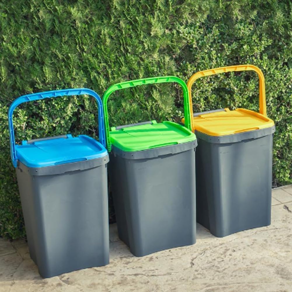 FERCASASHOP - Set of 3 Ecoplus Waste Separation Bins, Polyurethane Bin Ideal for Indoors and Outdoors, Sturdy Space-Saving Rubbish Bin with Ergonomic Handle (3 x 50)