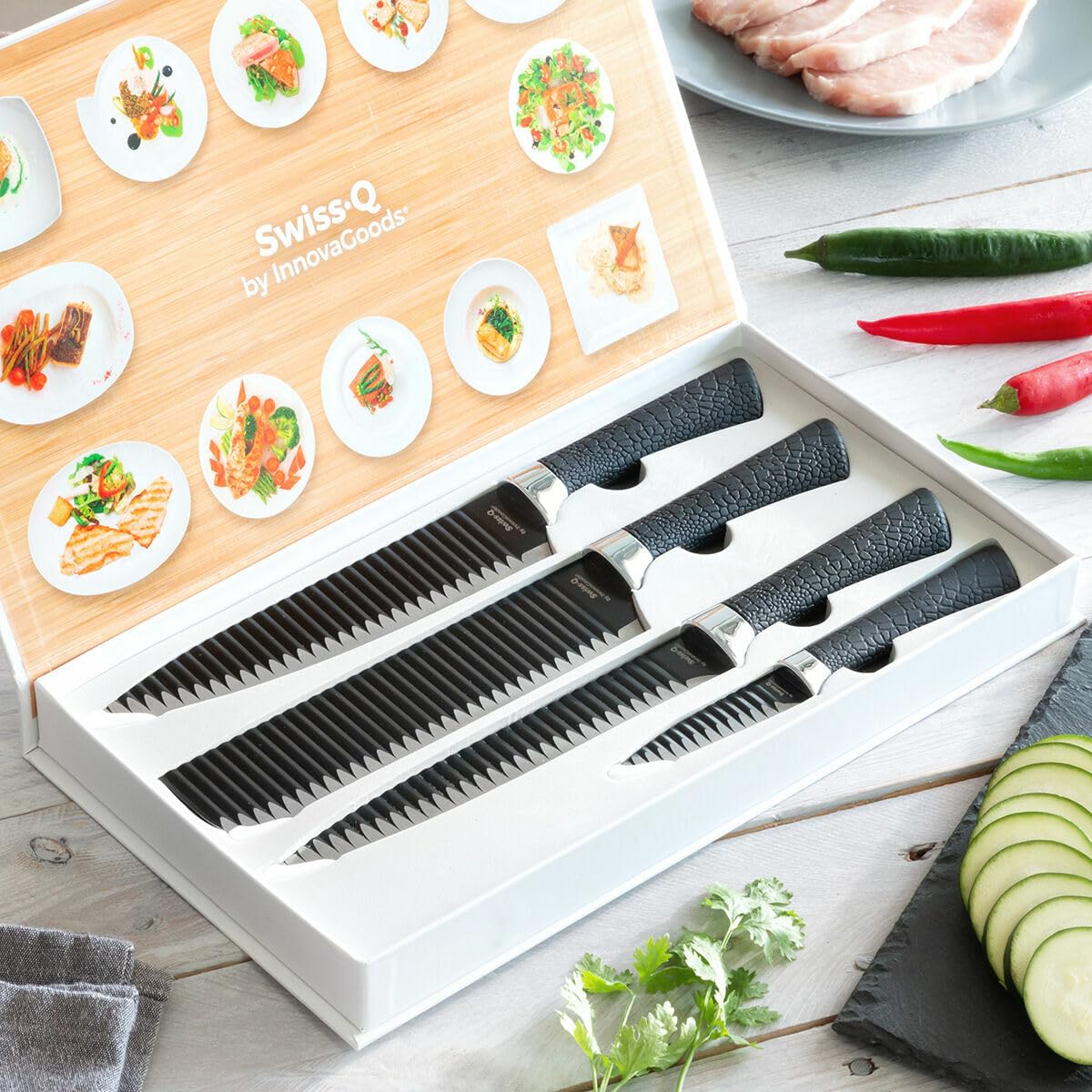InnovaGoods - Black Shark Swiss Q Namiutsu 4-Piece Knife Set, Stainless Steel Blades, Non-Stick Ceramic Coating, Ergonomic Handles, Black, Plastic