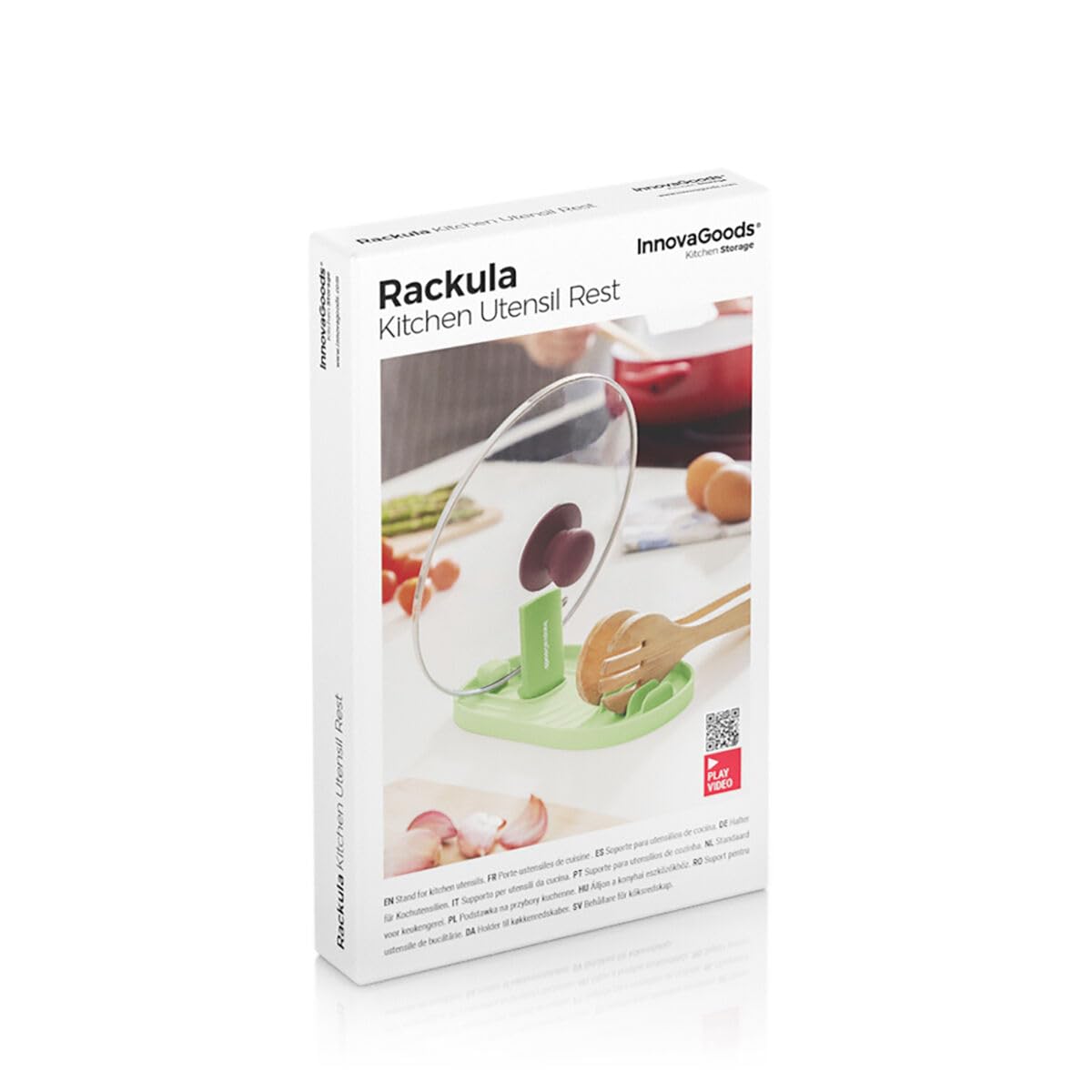 InnovaGoods® Multifunctional Kitchen Organizer, innovative and functional design, foldable lid holder, utensil fixing grooves, wide and stable base, easy storage.