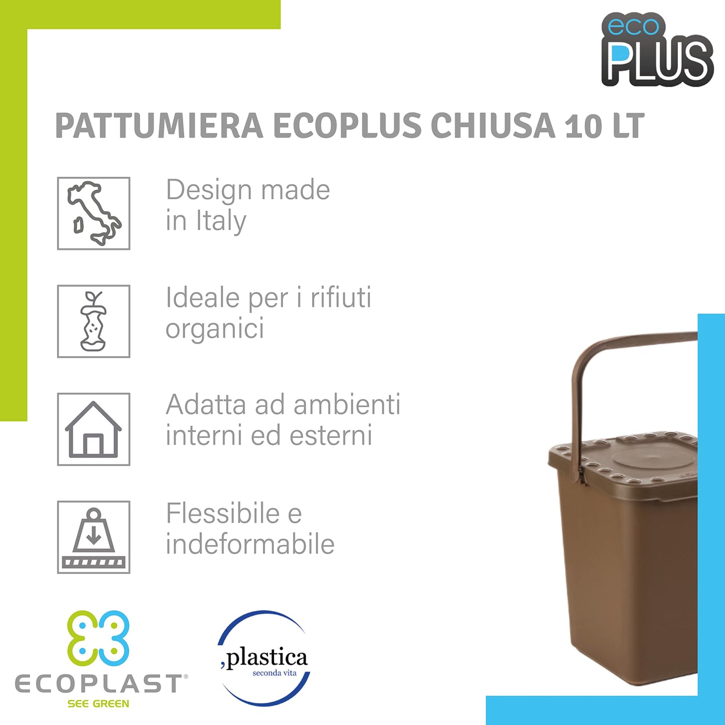 Ecoplast Waste Bin, Book-Style Opening, Flexible and Non-Deformable, Resistant to All Temperatures, Indoor and Outdoor, Over 80% Recycled Plastic, Made in Italy, Brown