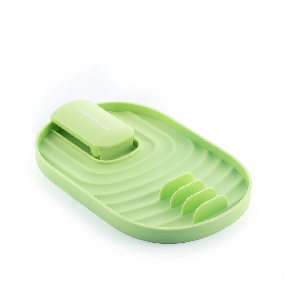 InnovaGoods® Multifunctional Kitchen Organizer, innovative and functional design, foldable lid holder, utensil fixing grooves, wide and stable base, easy storage.