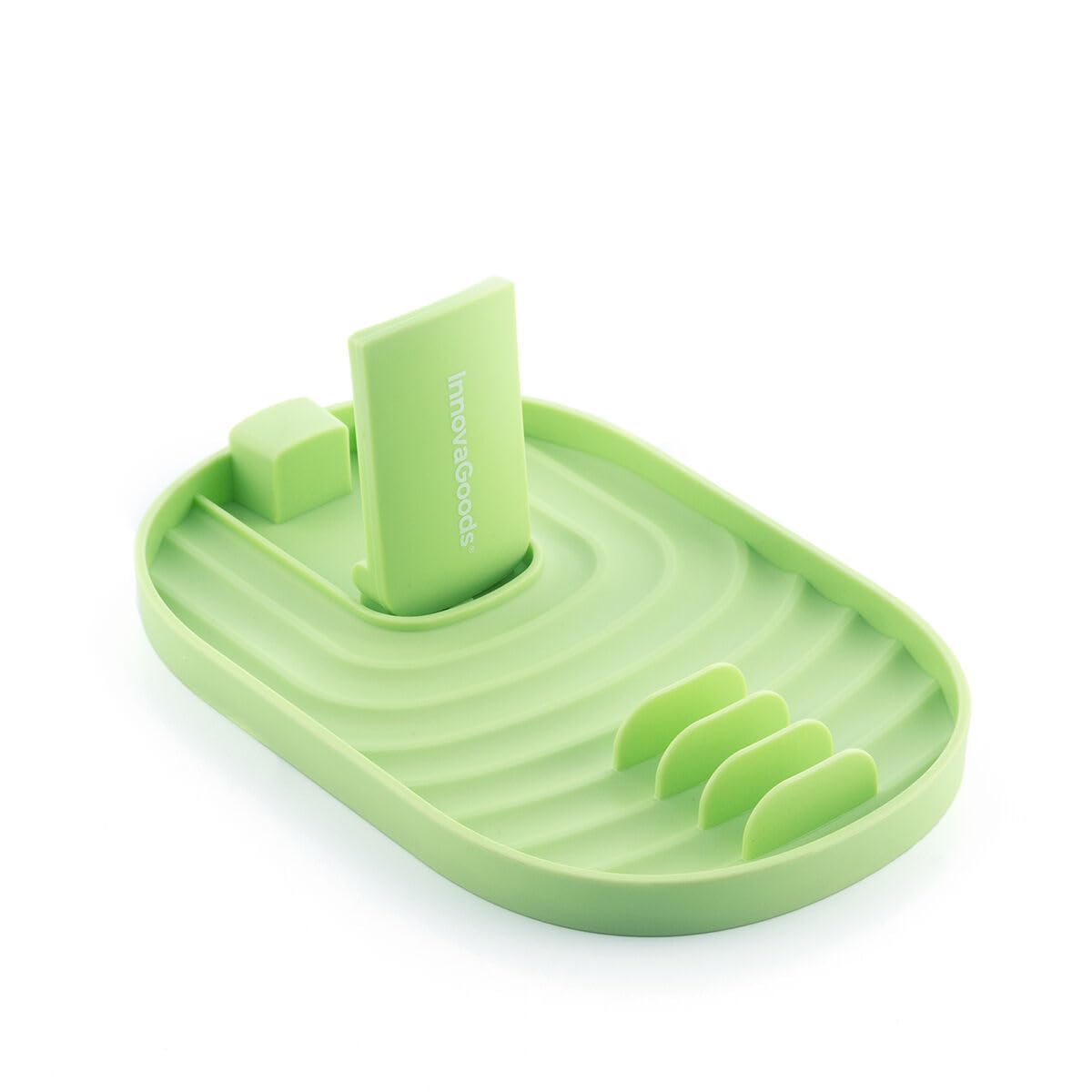 InnovaGoods® Multifunctional Kitchen Organizer, innovative and functional design, foldable lid holder, utensil fixing grooves, wide and stable base, easy storage.