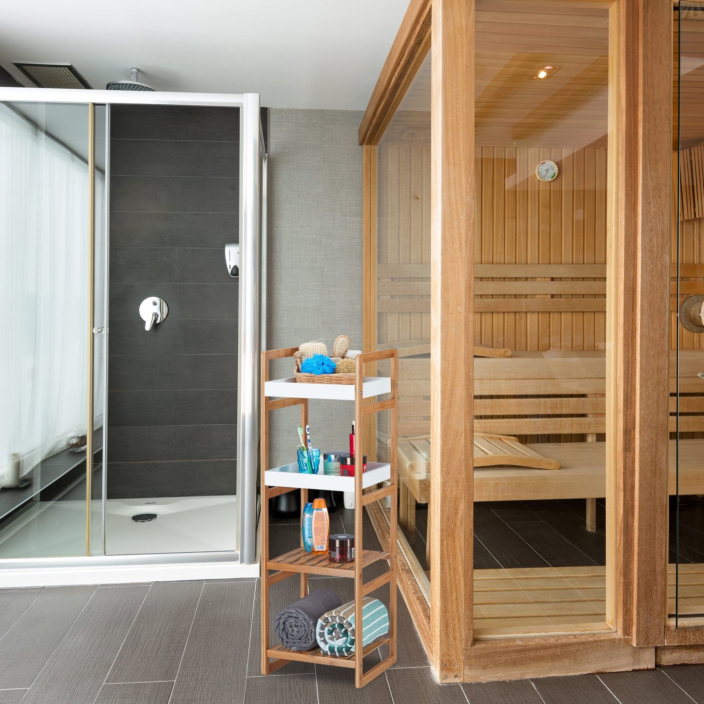 Scaffale Bambù 4 Mensole 110x36x33cm - Mobile Bagno Cucina Resistente Umidità