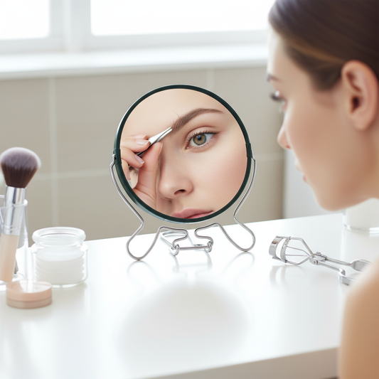 Donna sistema sopracciglia con specchio ingrandente