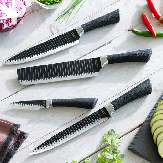 InnovaGoods - Black Shark Swiss Q Namiutsu 4-Piece Knife Set, Stainless Steel Blades, Non-Stick Ceramic Coating, Ergonomic Handles, Black, Plastic