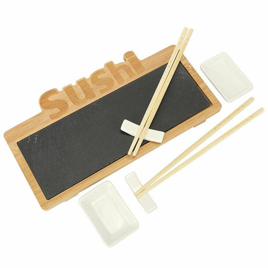 Set Sushi 7 Pezzi per 2 Persone - Bacchette Legno, Ciotole Ceramica, Vassoio Ardesia