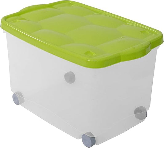 Boîte de rangement empilable en plastique de 55 L avec roulettes et couvercle transparent