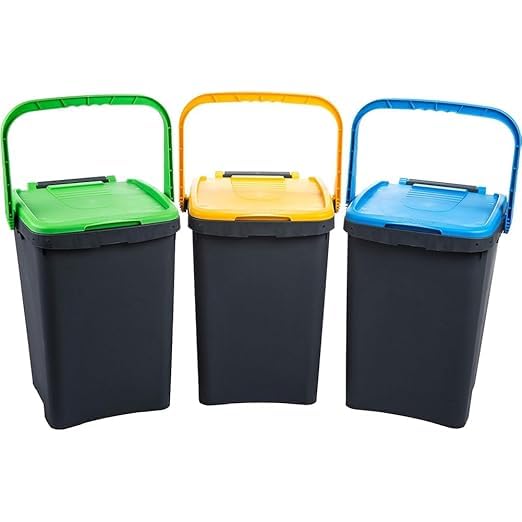 FERCASASHOP - Set of 3 Ecoplus Waste Separation Bins, Polyurethane Bin Ideal for Indoors and Outdoors, Sturdy Space-Saving Rubbish Bin with Ergonomic Handle (3 x 50)