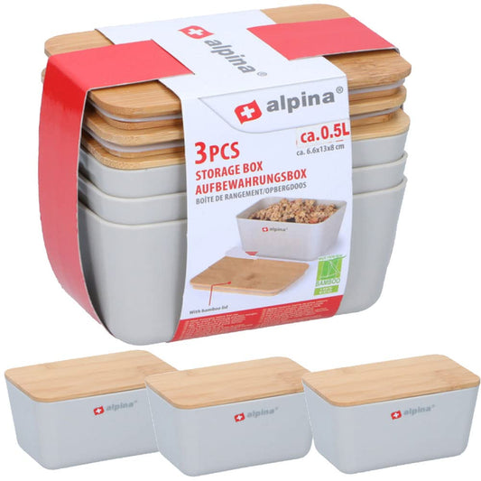 Set of 3 Square Plastic Food Containers Lunch Food Storage Jars with Wooden Lid Capacity 0.5Lt Size 6 x 13 x 18 cm Lunch Box