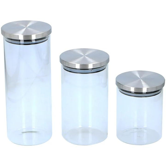 Set 3 Barattoli Vetro Ermetici con Coperchio Metallo - 650ml 950ml 1400ml - Contenitori Cucina per Pasta Cereali Biscotti