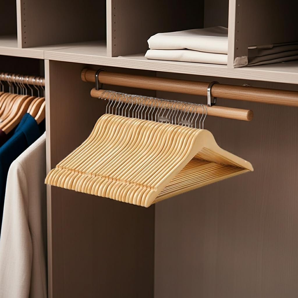 FERCASASHOP Wooden Hangers, Set of 15, 42 cm, with Grooves, 360° Swivel Hook and Non-Slip Trouser Bar