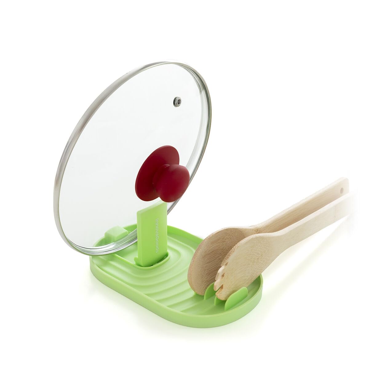 InnovaGoods® Multifunctional Kitchen Organizer, innovative and functional design, foldable lid holder, utensil fixing grooves, wide and stable base, easy storage.
