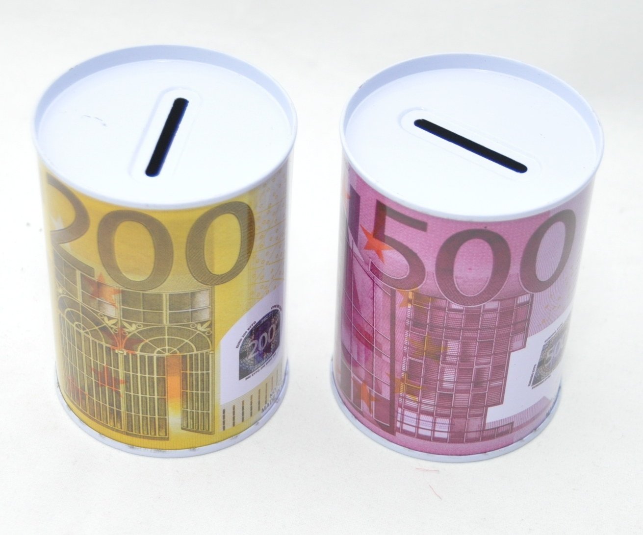 Schenkfix.de: Set of 5 metal piggy banks, Euro banknote motifs, 10 cm, non-openable, ideal for the counter, €20/€50/€100/€200/€500