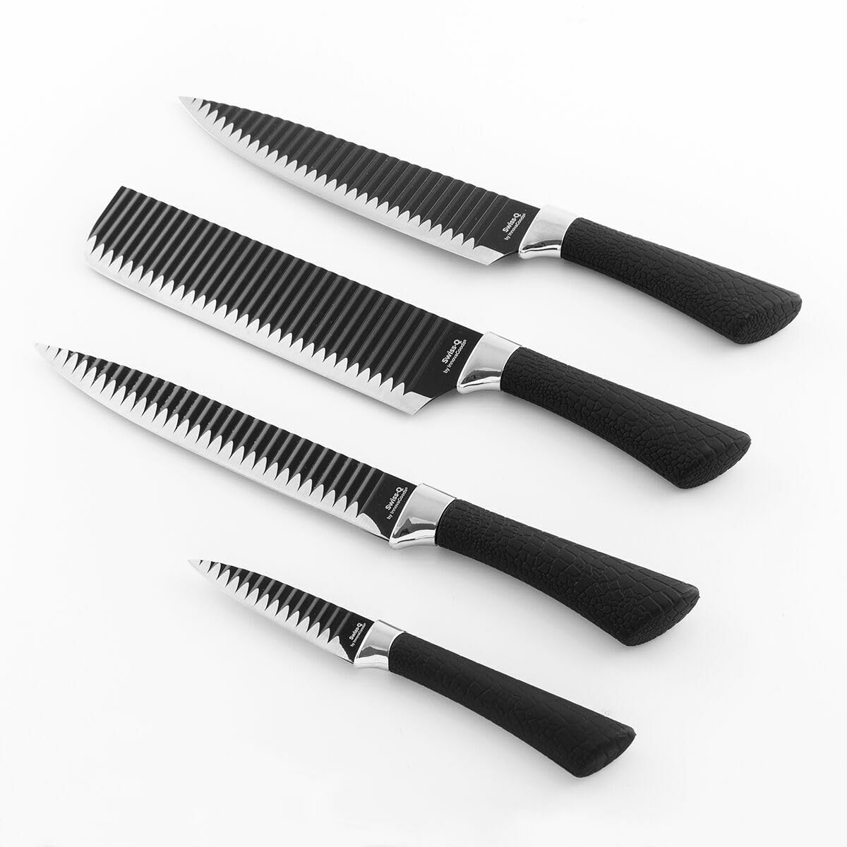 InnovaGoods - Black Shark Swiss Q Namiutsu 4-Piece Knife Set, Stainless Steel Blades, Non-Stick Ceramic Coating, Ergonomic Handles, Black, Plastic