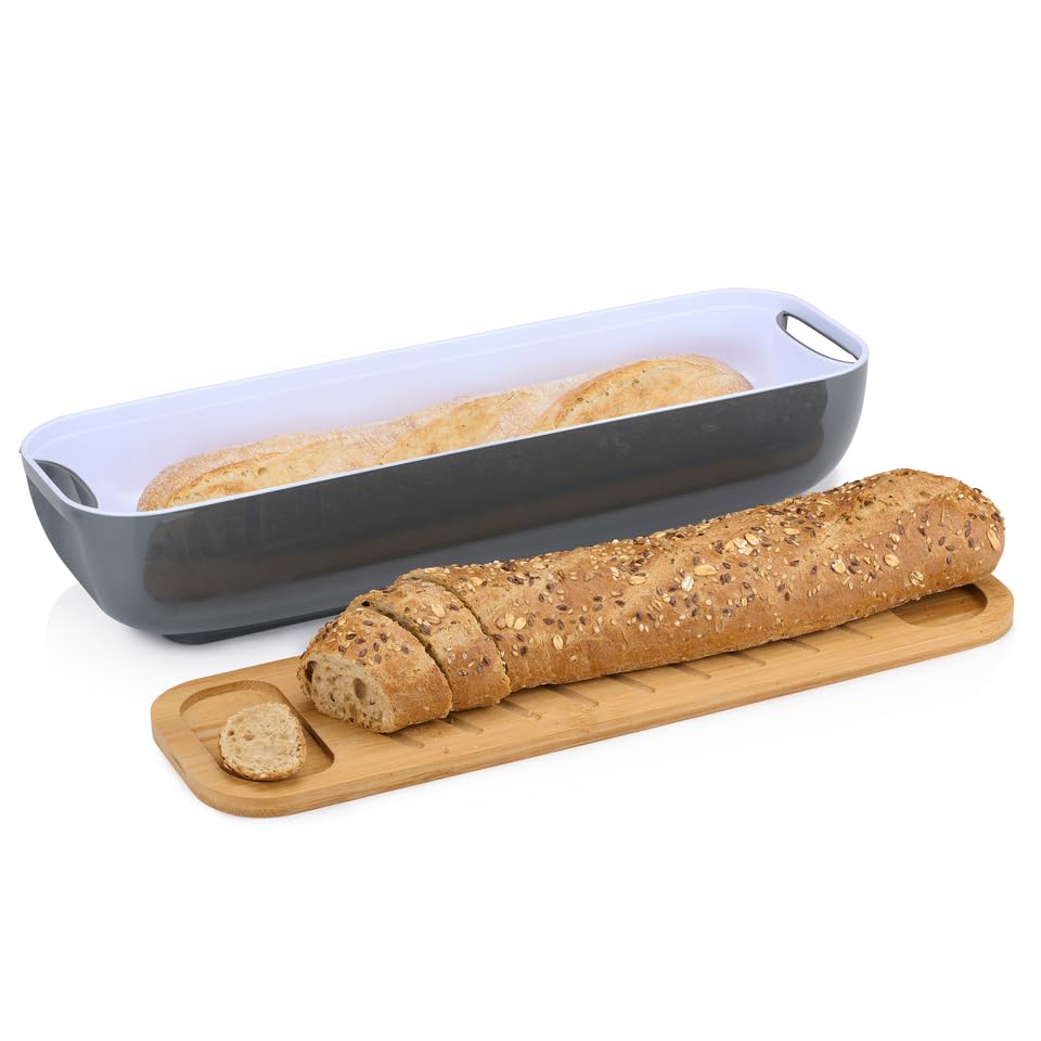 Alpina Bread bin with lid/bamboo cutting board, handles, 40 x 12.2 x 8.5 cm, grey