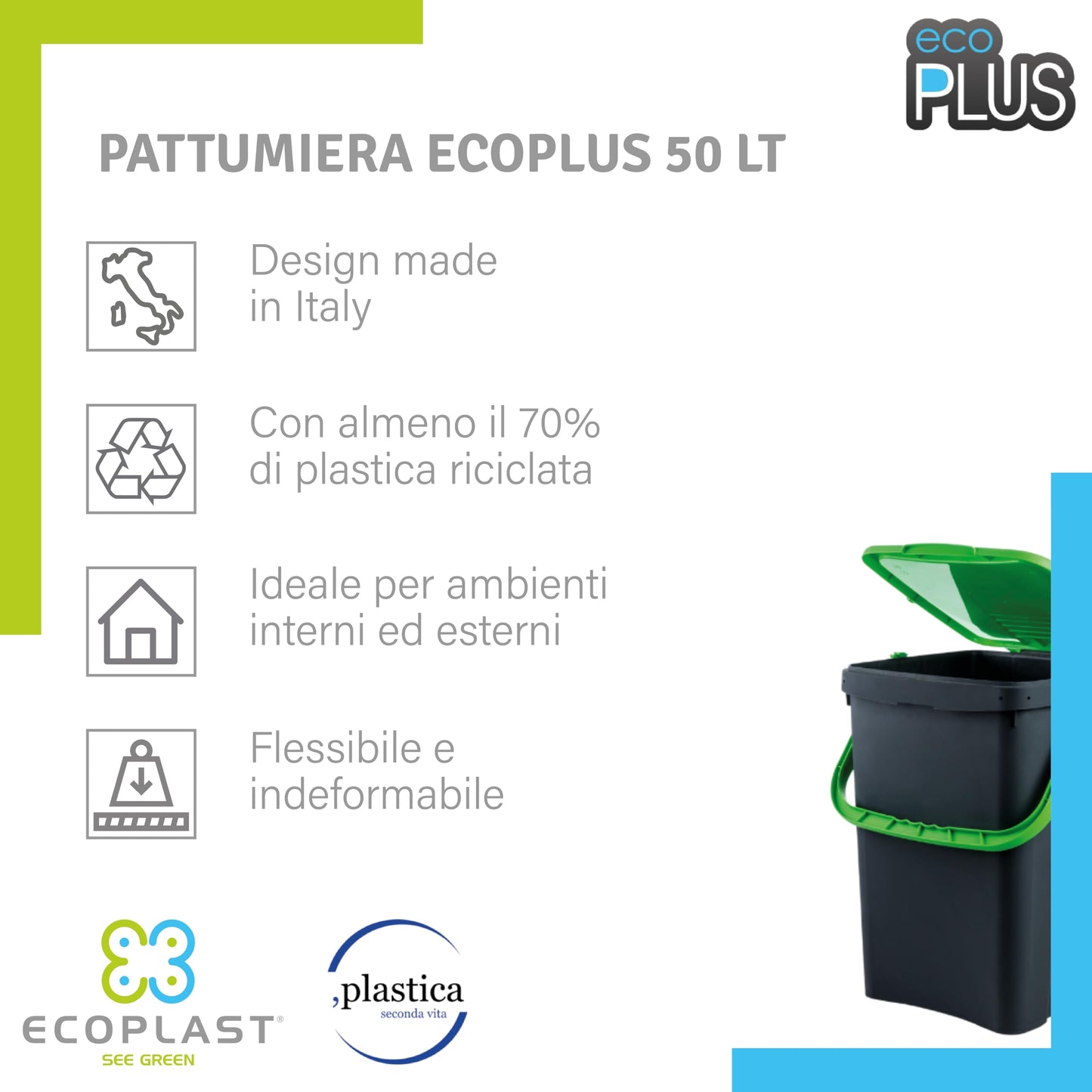 Ecoplast, Waste Separation Bin, Book-Type Opening, Flexible and Non-Deformable, Resistant to All Temperatures, Ideal for Indoor and Outdoor Use, 50 L Capacity, Made in Italy