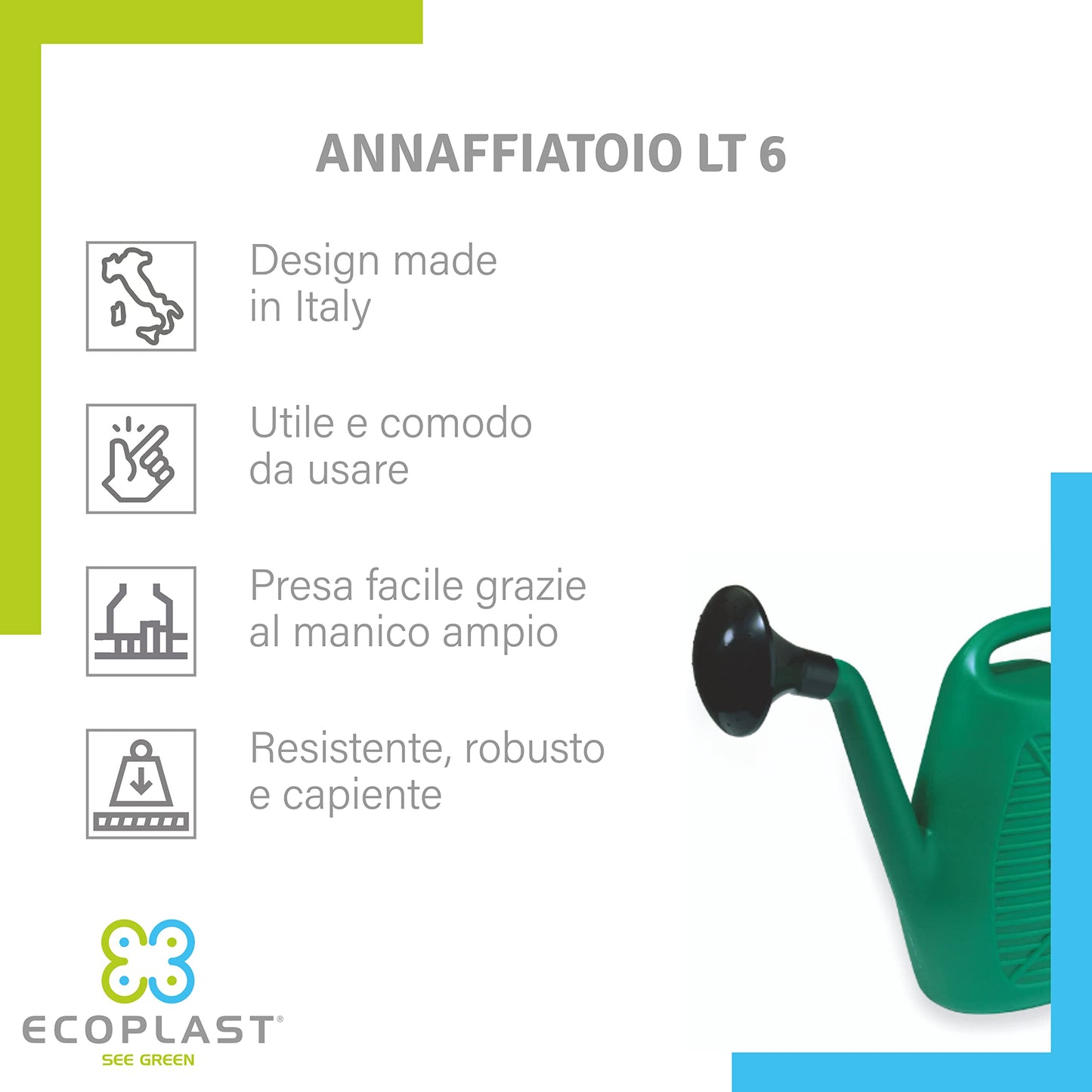 Ecoplast Watering Can, Ideal for Gardening, Plants and Flowers, Easy to Use, Resistant, Long-lasting and Non-deformable, with Shower Head Included, Made in Italy