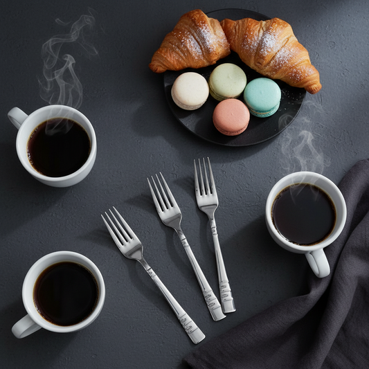 Flat lay forchettine acciaio inox con caffè e pasticceria brunch