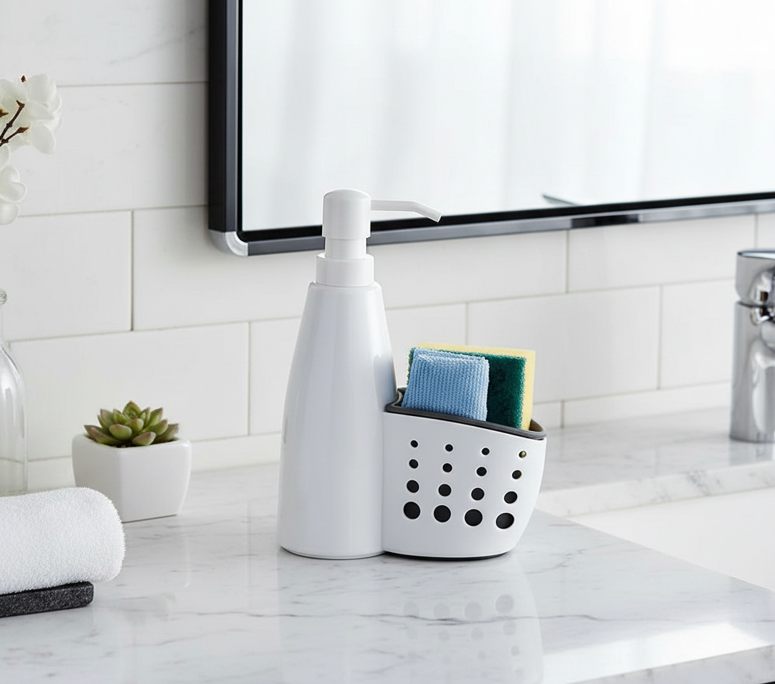 Distributeur de savon liquide ou de détergent blanc avec porte-ustensiles, pour la cuisine ou la salle de bain