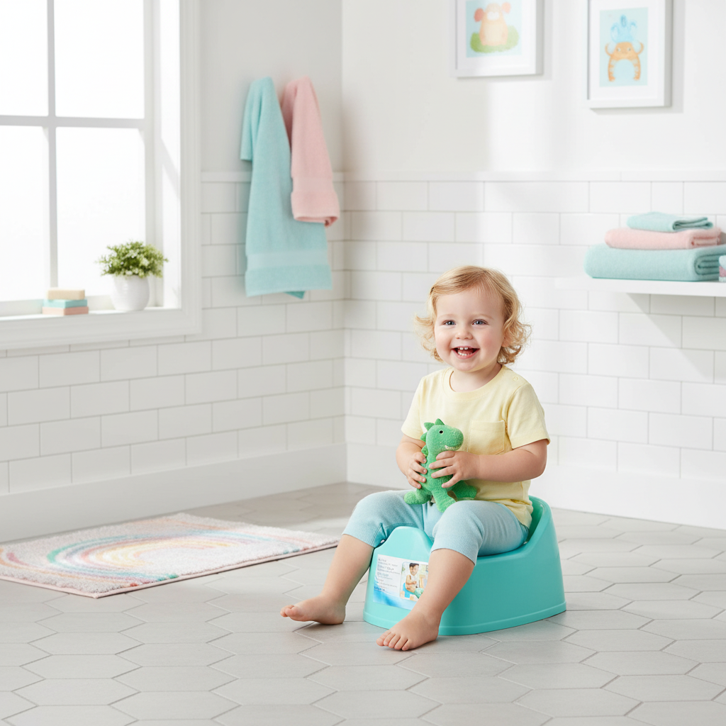 Bambino che usa il vasino ergonomico in un bagno luminoso e accogliente