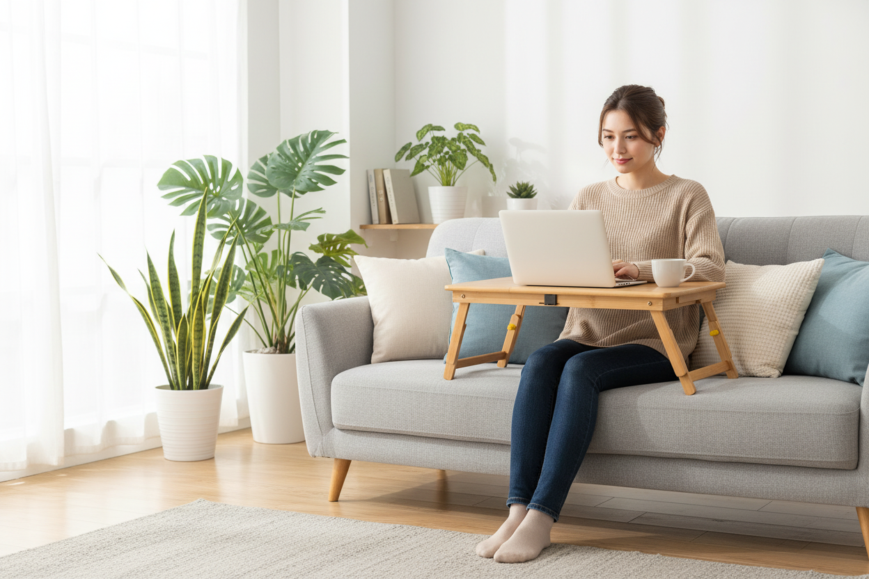 Donna lavora da casa con tavolo pieghevole bambù su divano, laptop e caffè