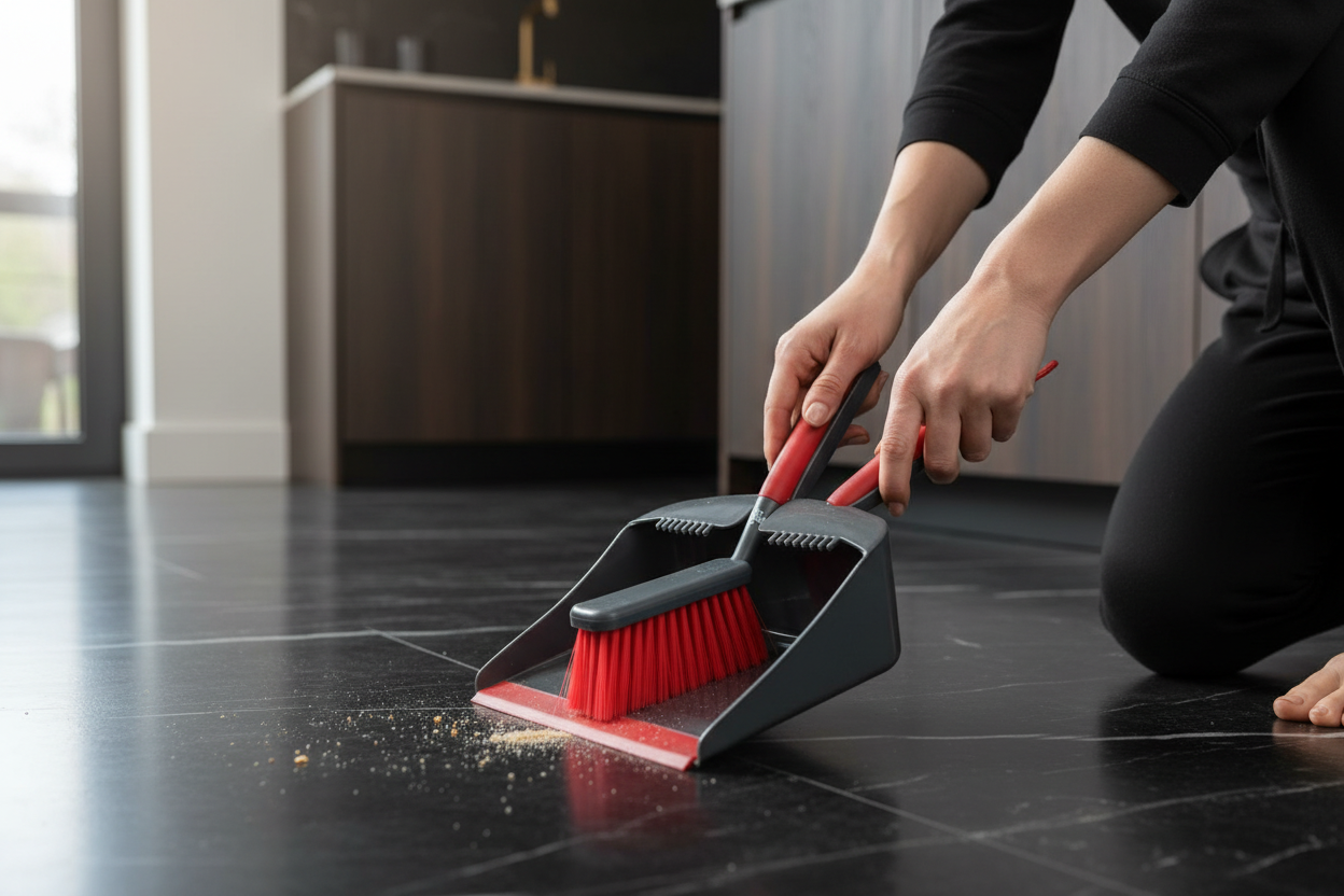 Set scopa paletta bordo gomma pulizia pavimento cucina moderna dark luxury