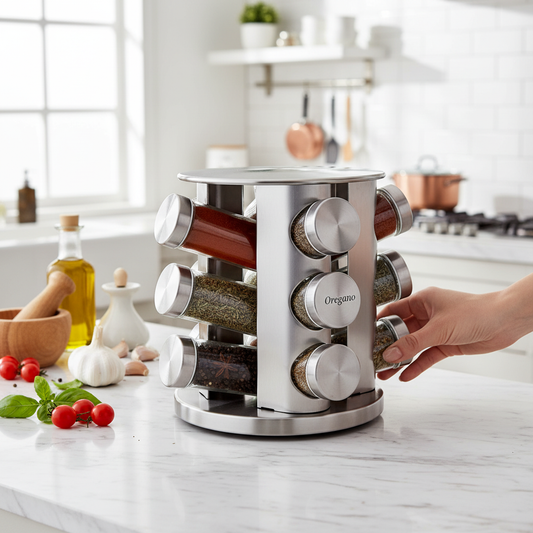 Mano che gira il portaspezie per selezionare spezia