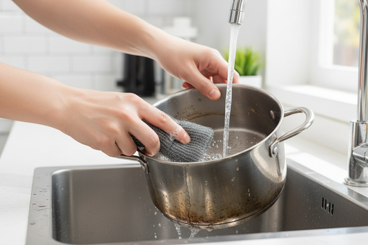 Pulizia pentola con spugna acciaio
