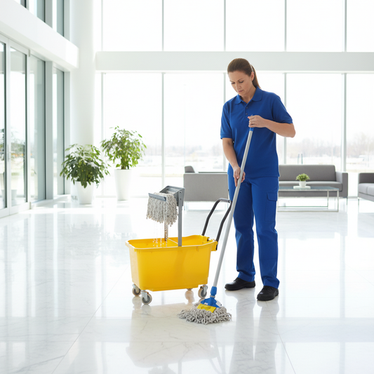 Pulizia professionale lobby ufficio con mop e carrello doppia vasca