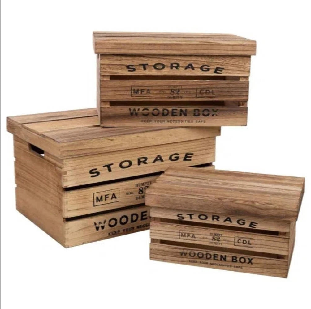 Set 3 Scatole Legno con Coperchio Vintage - Organizer Casa 30/36/42cm