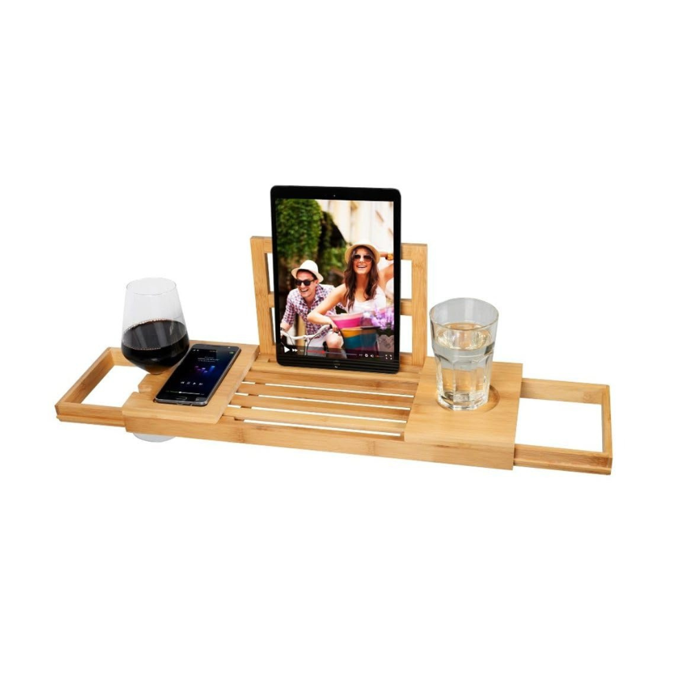 alpina Adjustable Bathtub Tray - Storage Tray 50-92 x 18 x 4 cm - Bamboo Bathroom Cabinet with Book Holder and Tablet Stand - Incl. Cup Holder - Bathroom Accessories