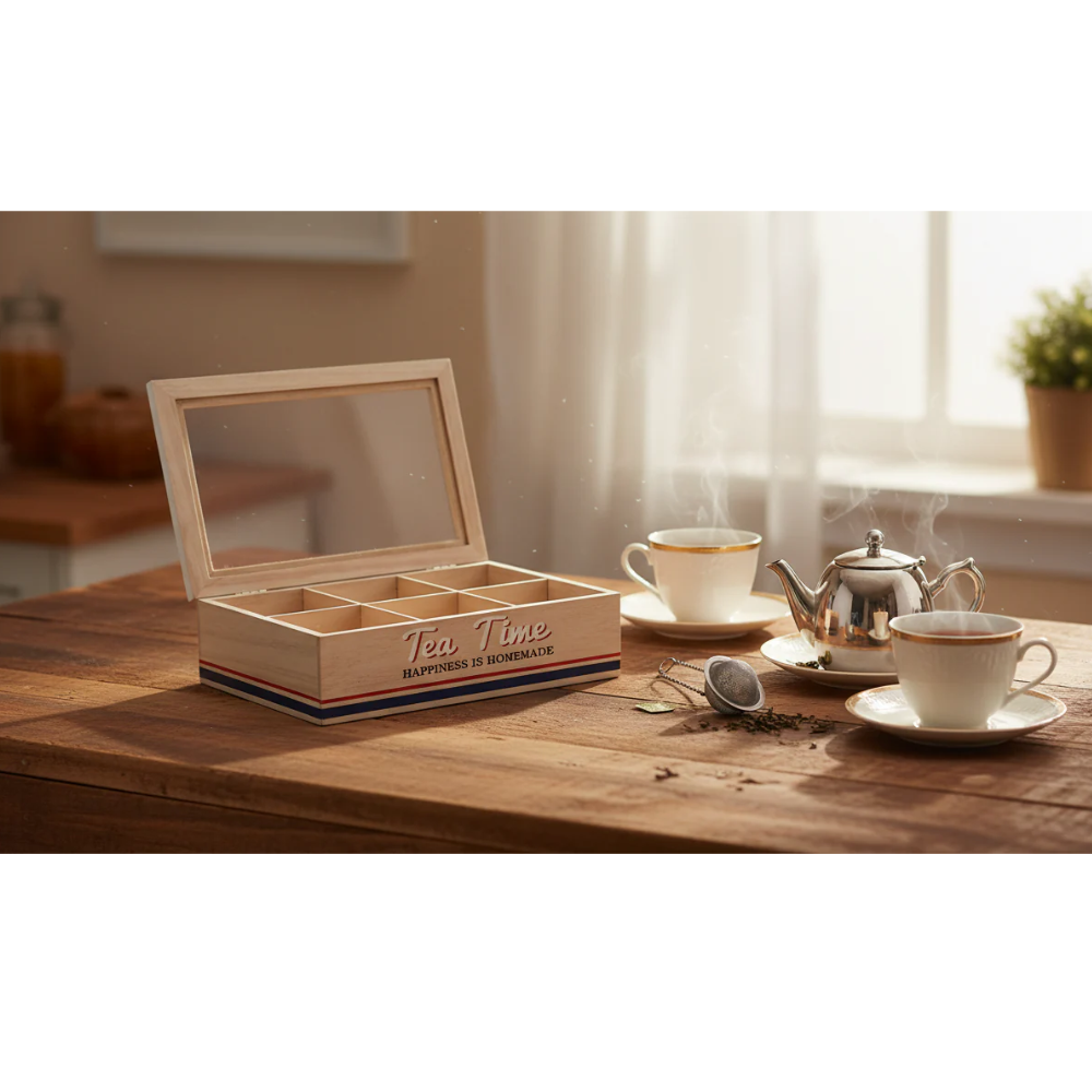 Scatola Porta Tè Legno Vetro 6 Scomparti Tea Time Vintage