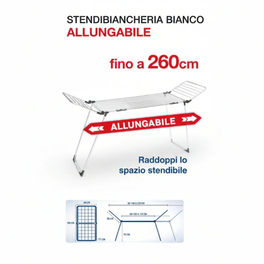 Stendibiancheria Allungabile Bianco 110-260cm 26m Ergonomico