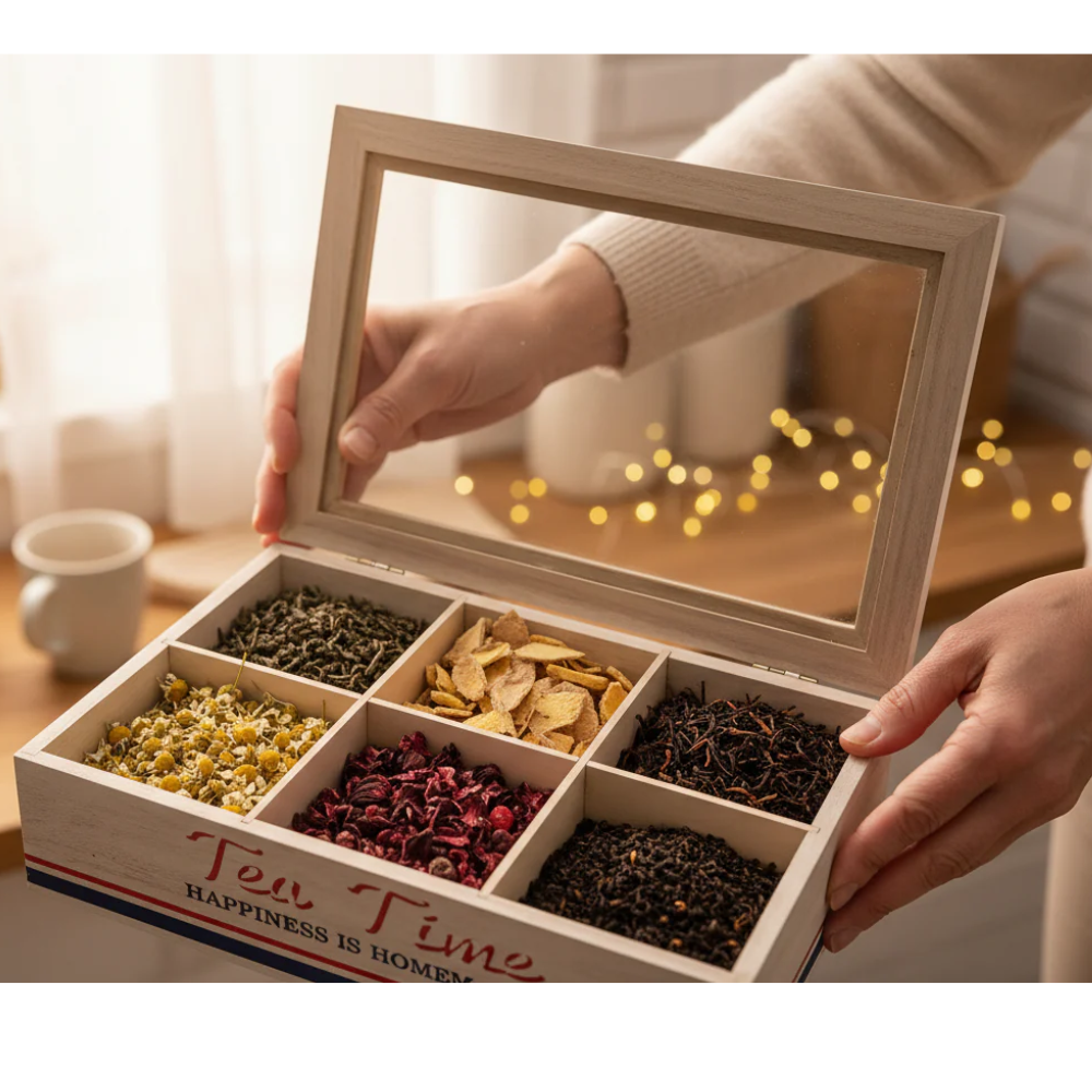 Scatola Porta Tè Legno Vetro 6 Scomparti Tea Time Vintage